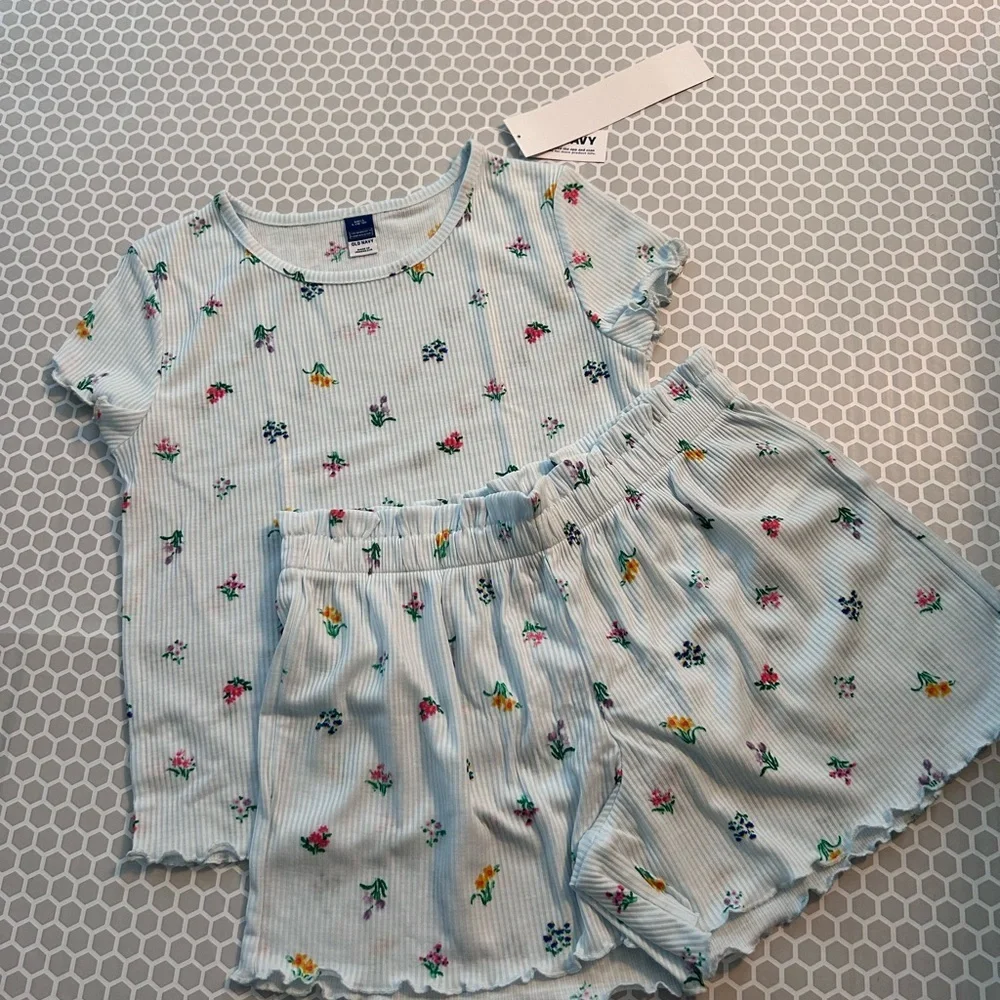 NWT Old Navy Light Blue Floral Ribbed Kids Pajama Set Size L (10-12)